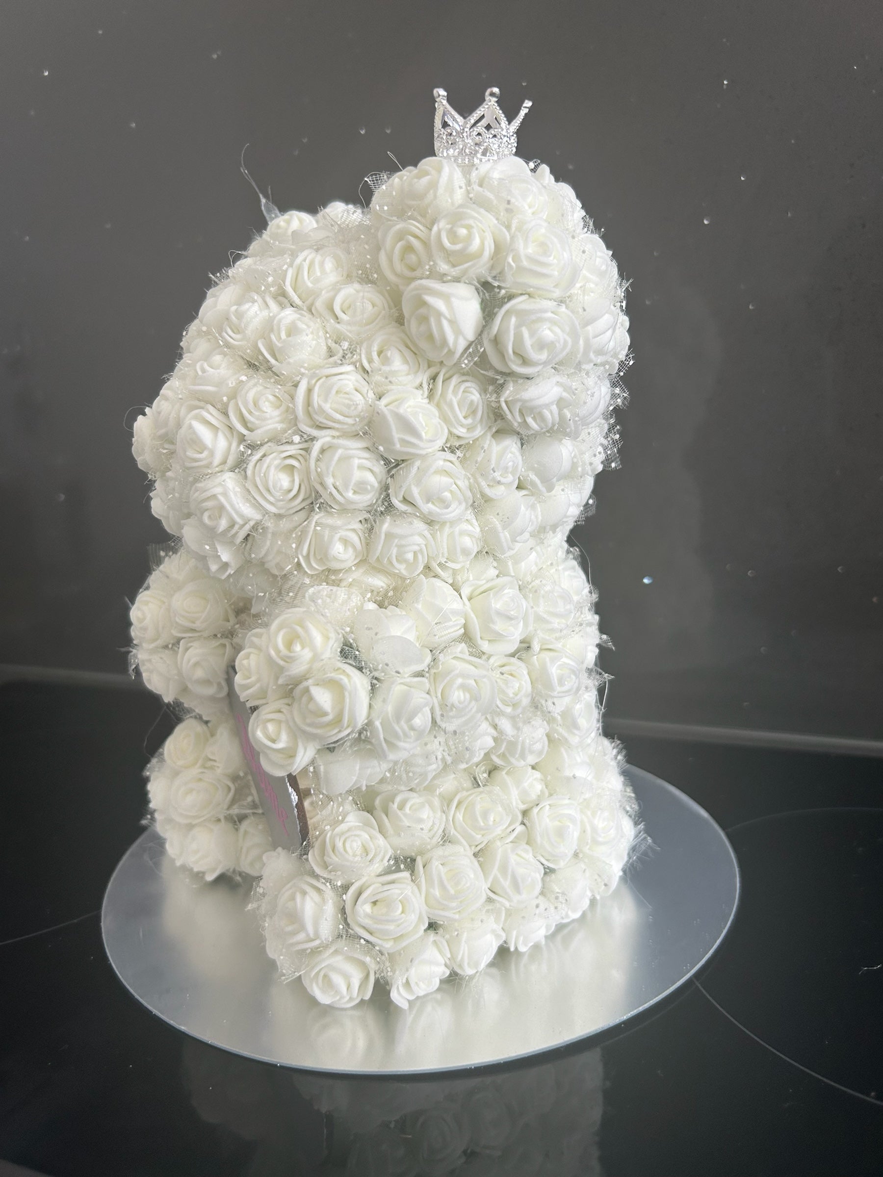 Hartes Handmade white foam rose teddy bear featuring a sparkling crown and personalised heart plaque