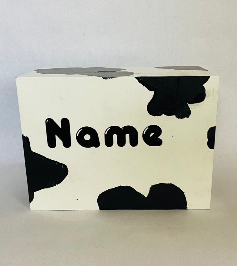 Personalised cow print money box