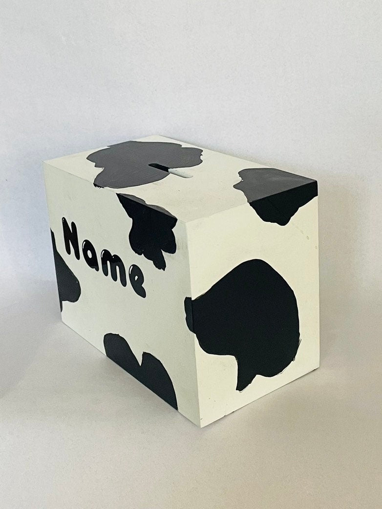 Personalised cow print money box